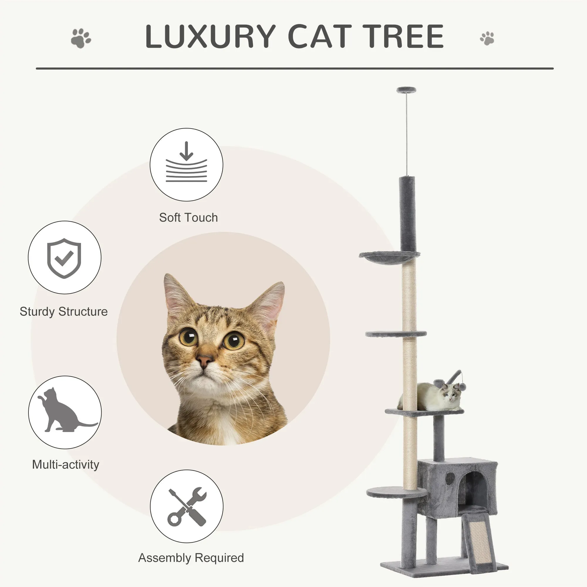 230-280cm Huge Cat Tree Tower Ceiling High Multilevel Sisal Light Grey