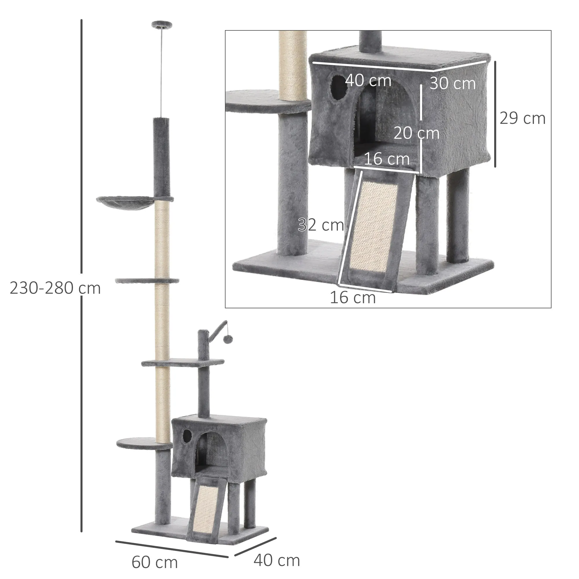 230-280cm Huge Cat Tree Tower Ceiling High Multilevel Sisal Light Grey