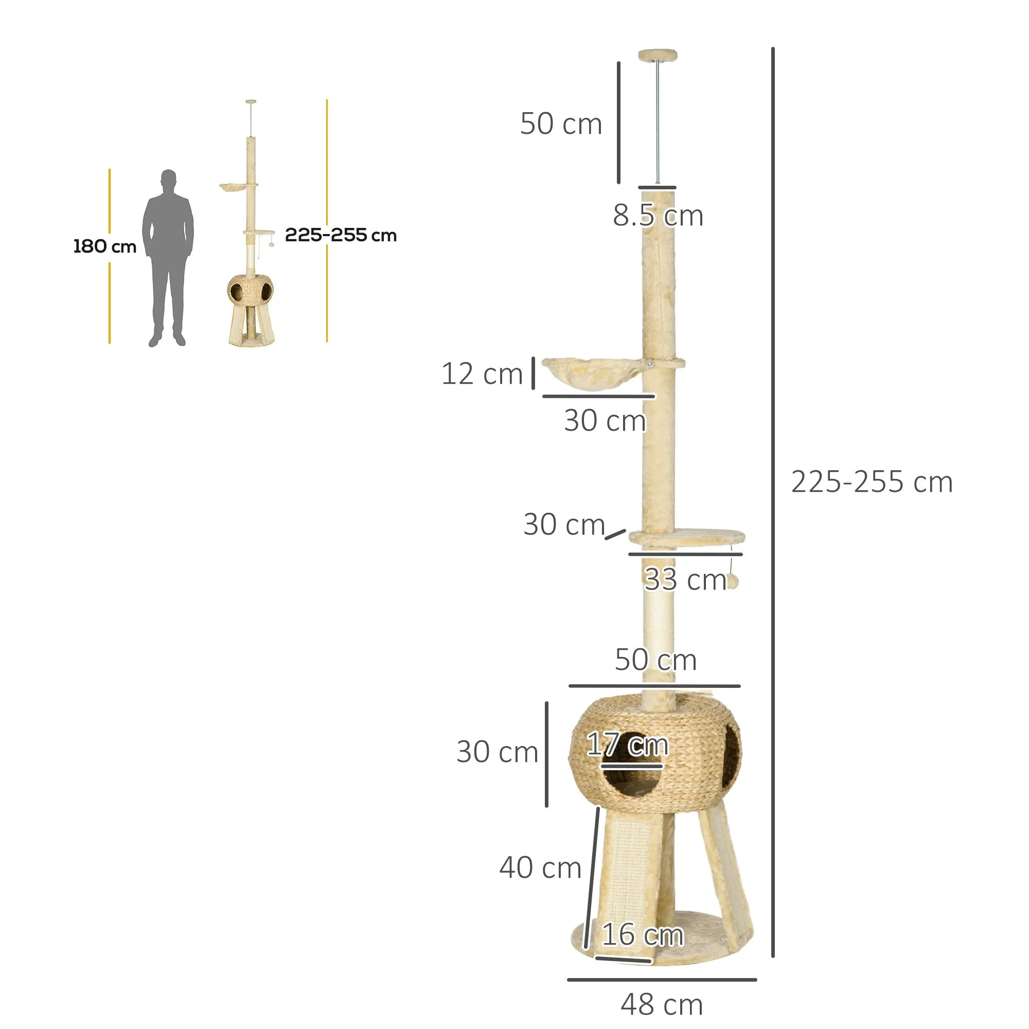 255cm Cat Tree Tower for Indoor Cats with Scratching Post Cat House Platform - Beige