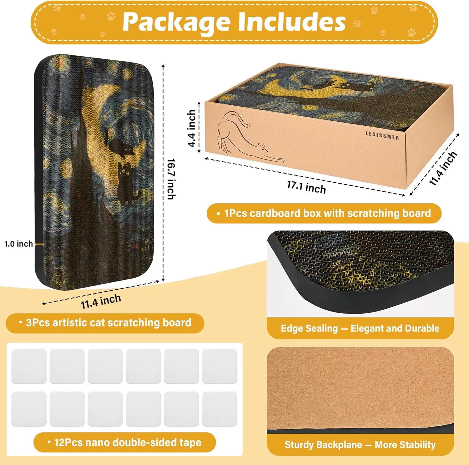 3 Packs Art Wall-Mountable Cat Scratching Board with Box, Cat Wall Scratcher, Cat Scratch Pad, Cardboard Cat Scratcher for Indoor Cats Toy (Series1)