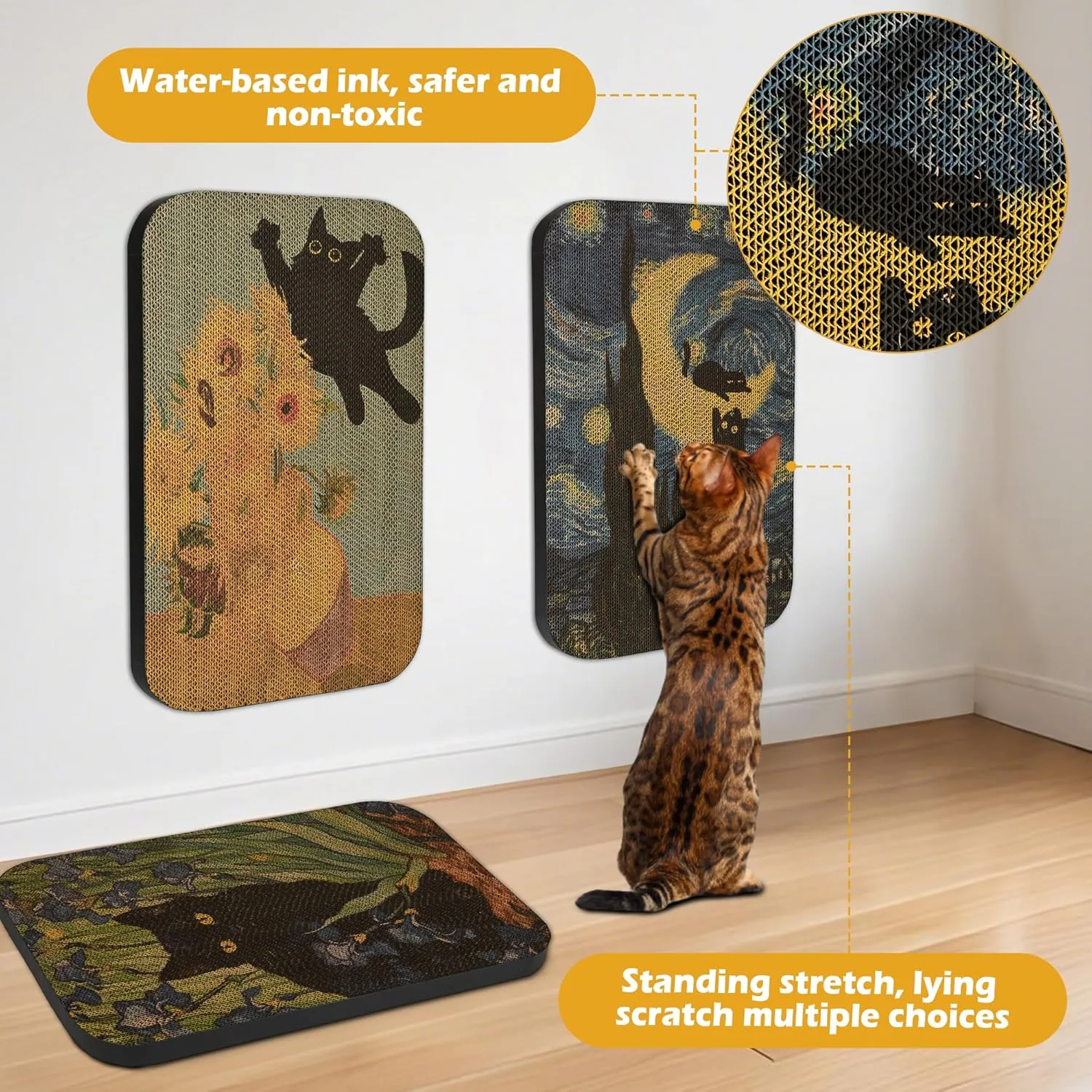 3 Packs Art Wall-Mountable Cat Scratching Board with Box, Cat Wall Scratcher, Cat Scratch Pad, Cardboard Cat Scratcher for Indoor Cats Toy (Series1)