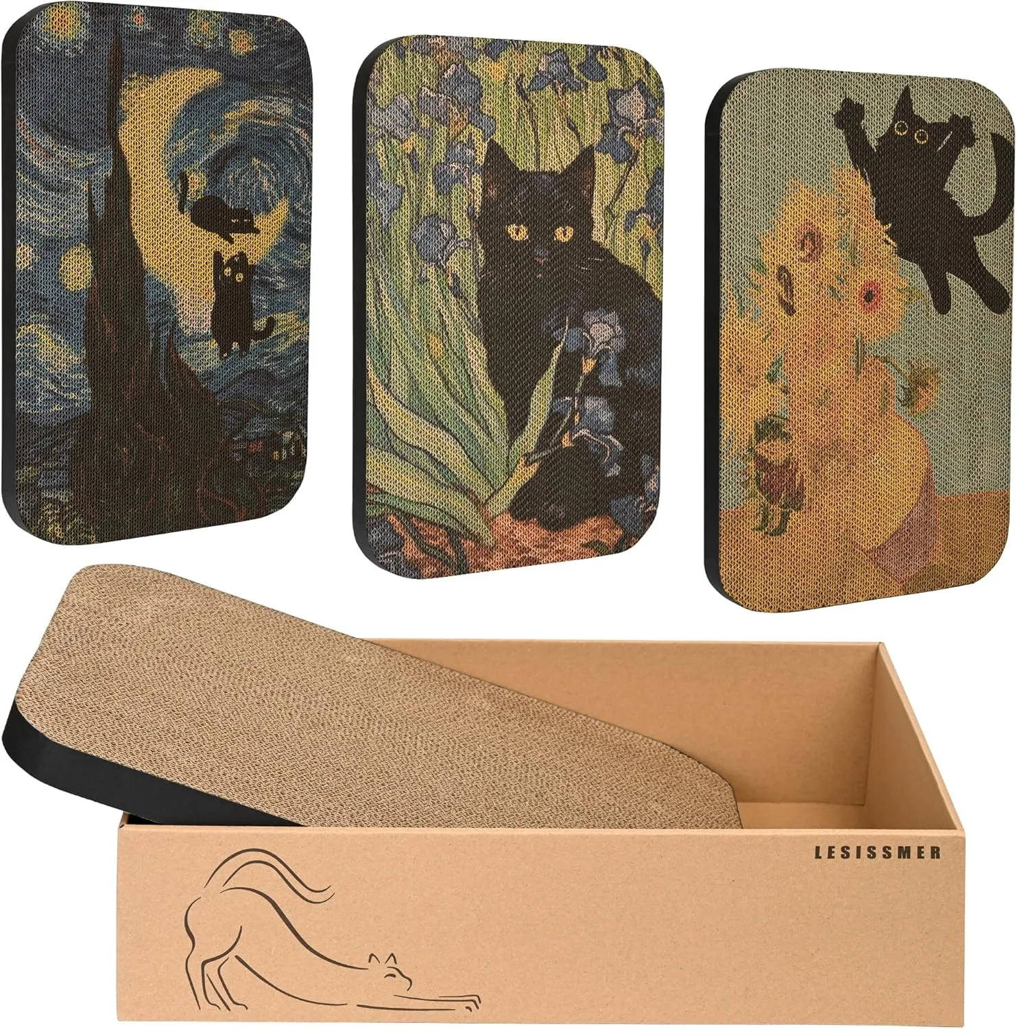 3 Packs Art Wall-Mountable Cat Scratching Board with Box, Cat Wall Scratcher, Cat Scratch Pad, Cardboard Cat Scratcher for Indoor Cats Toy (Series1)