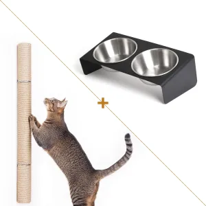 34" Wall Mounted Cat Scratcher with Elevated Cat Feeder (Bundle)