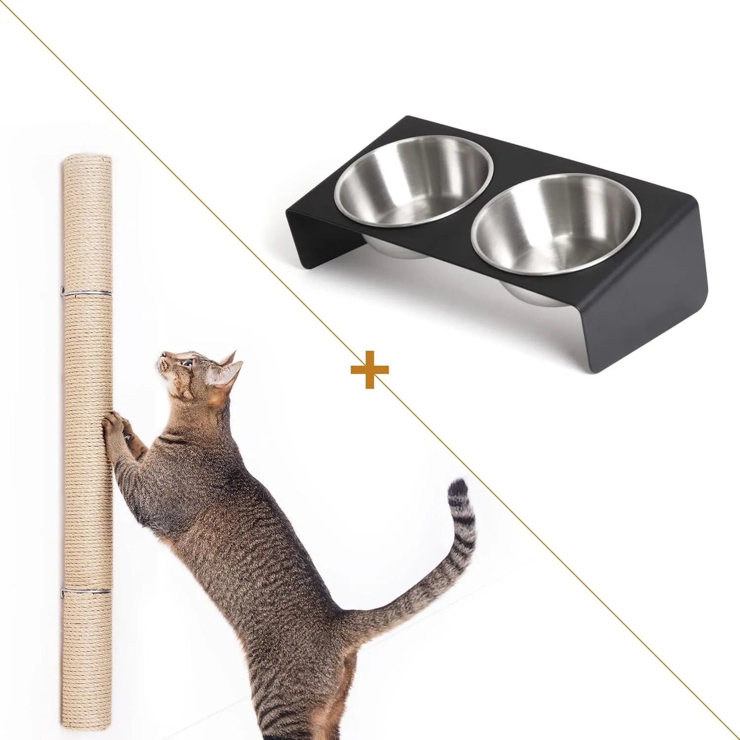 34" Wall Mounted Cat Scratcher with Elevated Cat Feeder (Bundle)