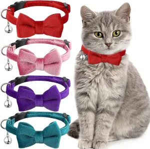 4 Pieces Cat Bow Tie Collar with Bell Breakaway Cat Comfortable Velvet with Cute Safety Pet Collar for Pet Kitten Puppy(Small,Pink, Red, Light Purple, Light Blue)