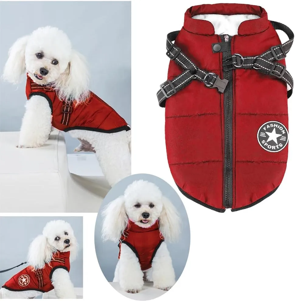 Aiboria Dog Jacket Dog Coat Windproof Jackets Warm Pet Fleece Sweater Padded Vest with Chest Strap Harness Red M