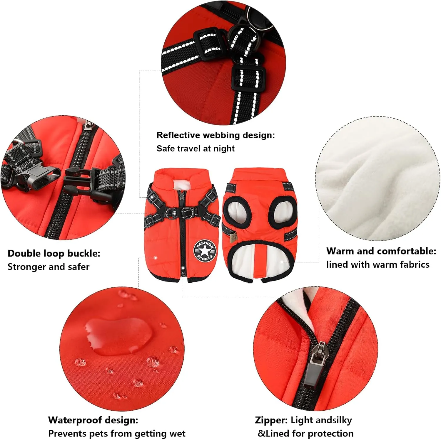 Aiboria Dog Jacket Dog Coat Windproof Jackets Warm Pet Fleece Sweater Padded Vest with Chest Strap Harness Red M