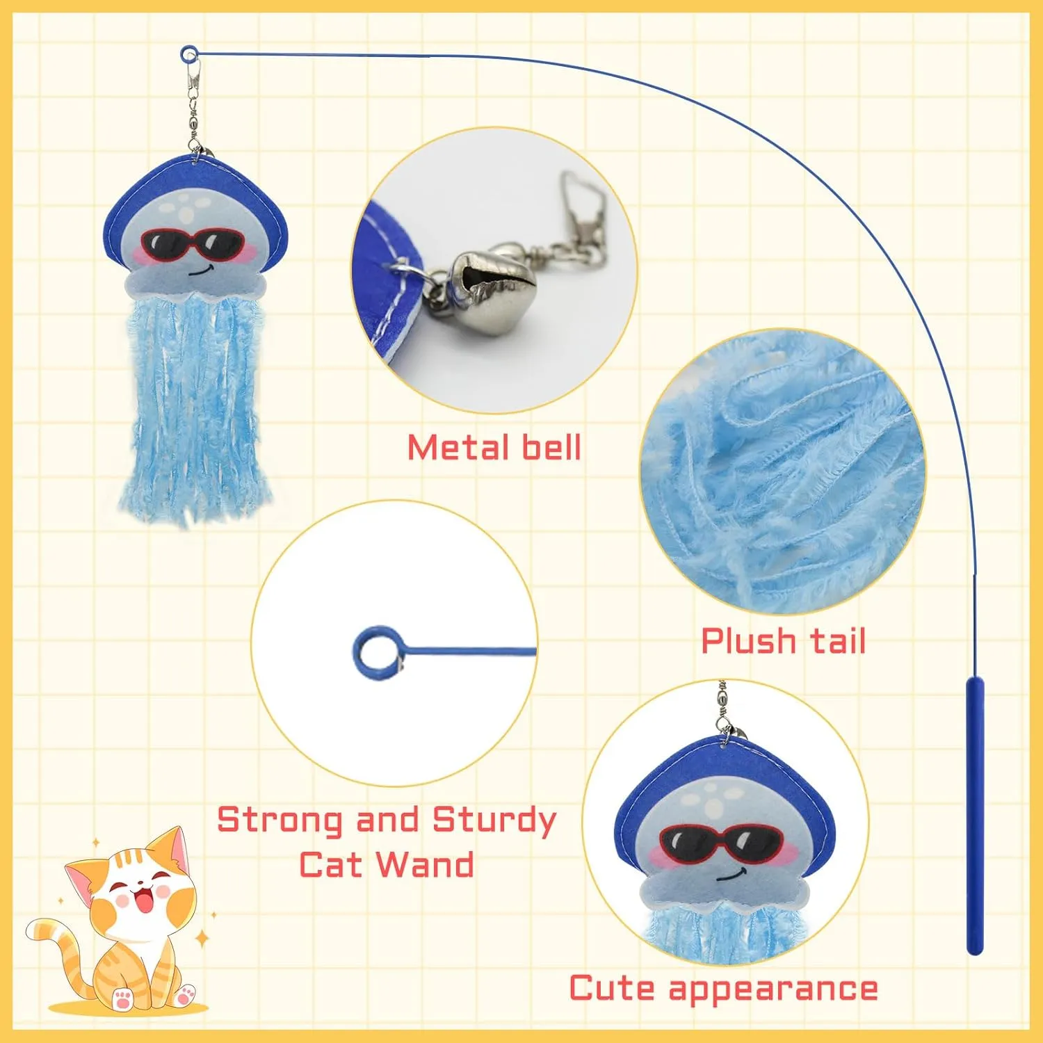 Andiker Cat Wand Toy, 35 Inches Flexible Cat Stick with Cute Jellyfish Cat Wand Replacement Cat Teaser Toy Sturdy Interactive Cat Toy for Indoor Cats to Chase Pounce Entertain (Blue)