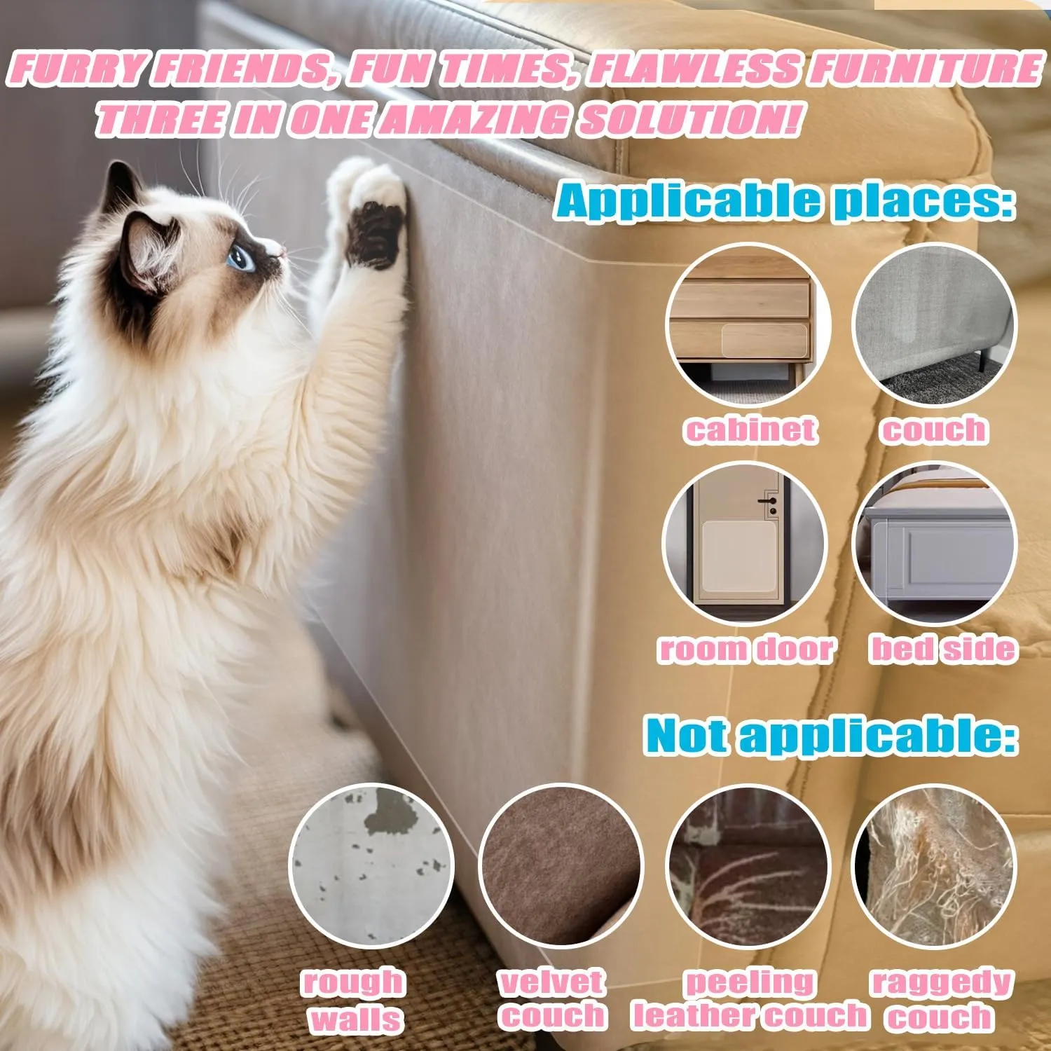 Anti Cat Scratch Furniture Protector for Leather - 12 Pack, 17x12inch - Specially Designed for Leather Couch Protector from Cat Claws, Strong Sticky, Easy to Remove, No Damage, No Residue, 60 Pins