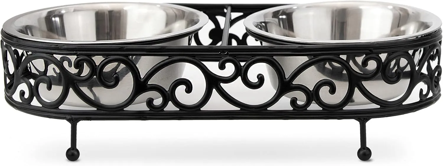 Barkley & Evans Elevated Double Pet Feeder, Removable Stainless Steel Bowls on Metal Stand, Raised Feeding Station for Pets, Dogs & Cats, Wet or Dry Food and Water - 1 Quart Bowls (32 fl. oz)