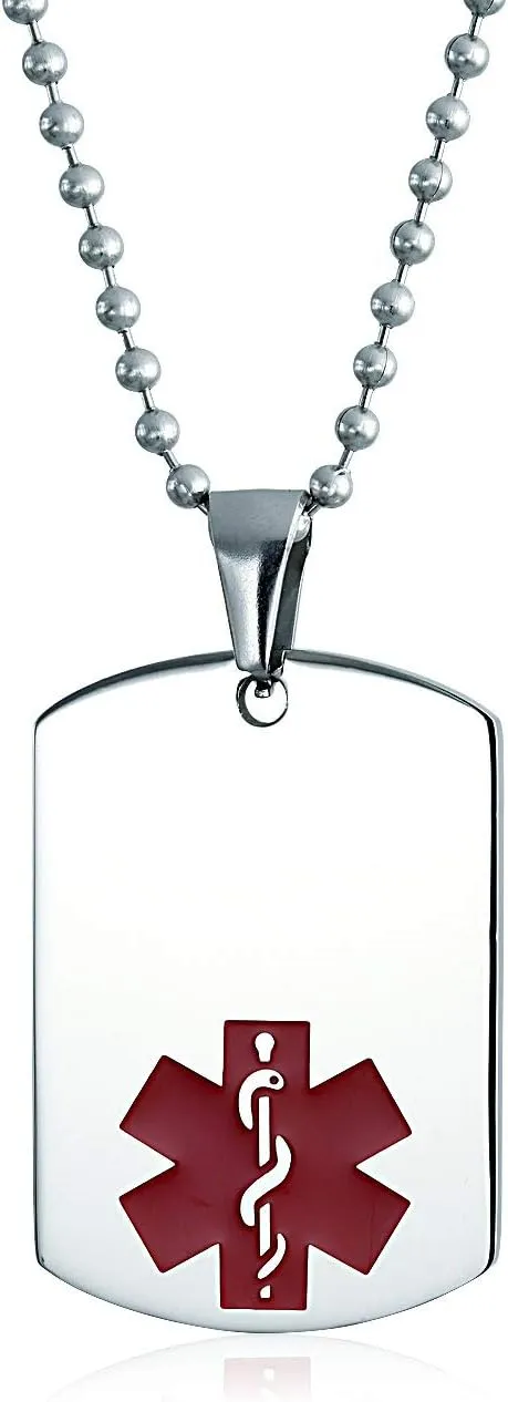 Bling Jewelry Unisex Personalize Customizable Medical Identification Medical ID Dog Tag Steel Pendant Necklace For Men Women 20 Inch Chain SM MED LG