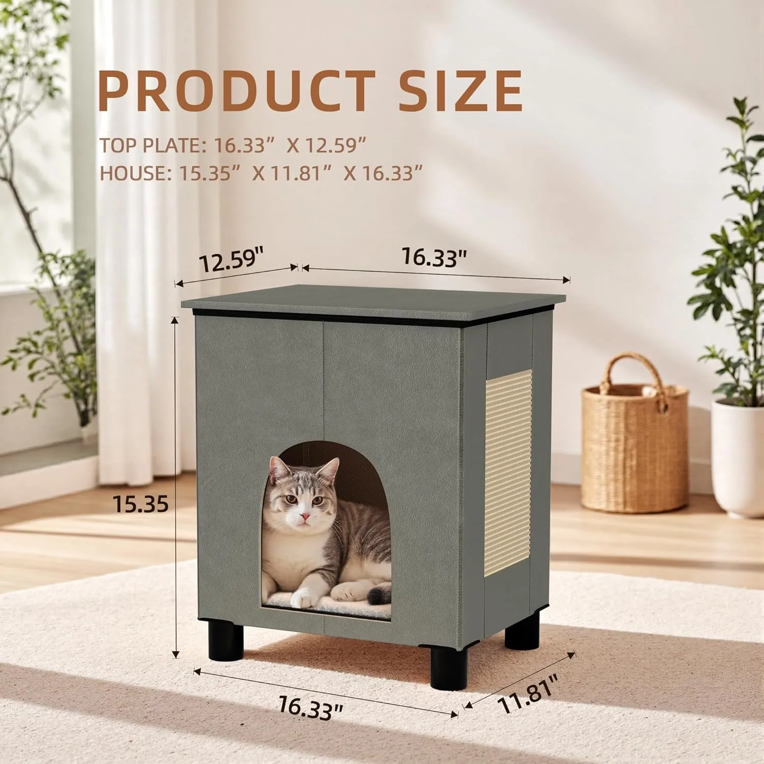 Cat House Indoor, Inside Cats Condo with Washable Plush Cushion, Large Area Cat Scratch Pad with Cat Ball Toy, Indoor Cat House & Condos for Large Cats and Puppy, Grey