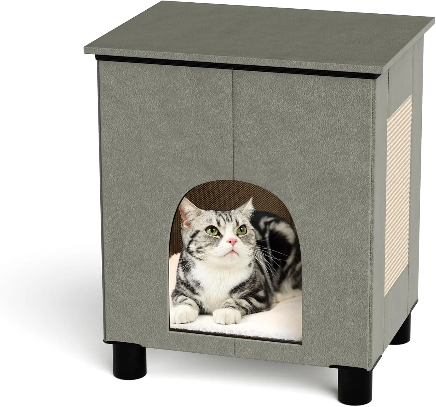 Cat House Indoor, Inside Cats Condo with Washable Plush Cushion, Large Area Cat Scratch Pad with Cat Ball Toy, Indoor Cat House & Condos for Large Cats and Puppy, Grey