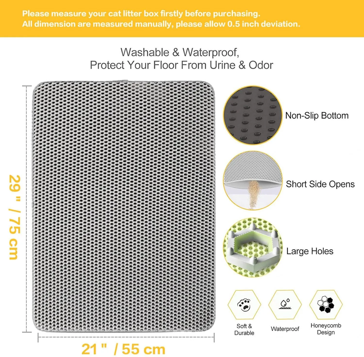 Cat Litter Mat, Honeycomb Double Layer Easy Clean Mat for Litter Box Less Waste,Soft On Paws,Non-Slip, Cat Litter Trap Mat,Gray-L
