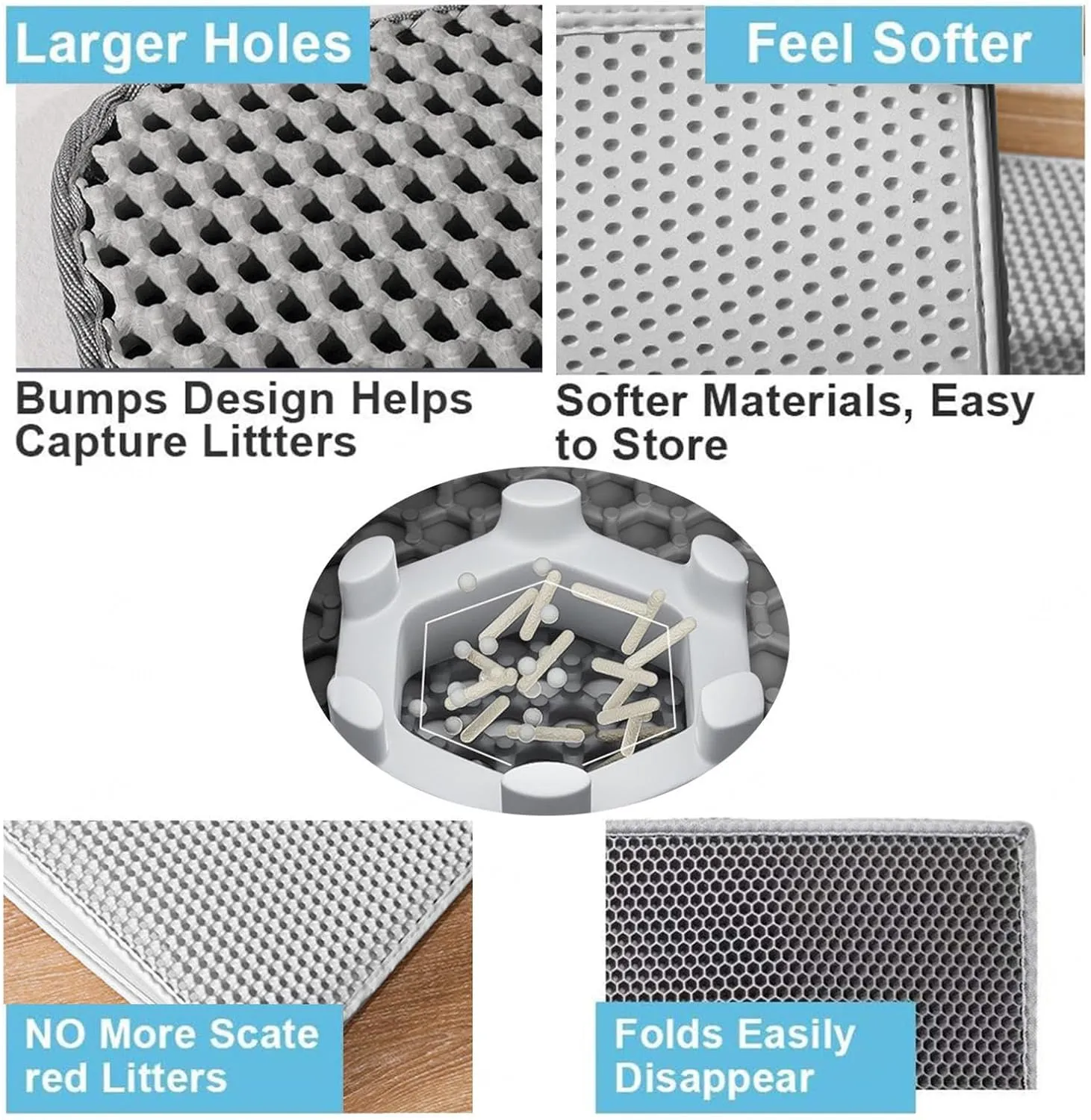 Cat Litter Mat, Honeycomb Double Layer Easy Clean Mat for Litter Box Less Waste,Soft On Paws,Non-Slip, Cat Litter Trap Mat,Gray-L