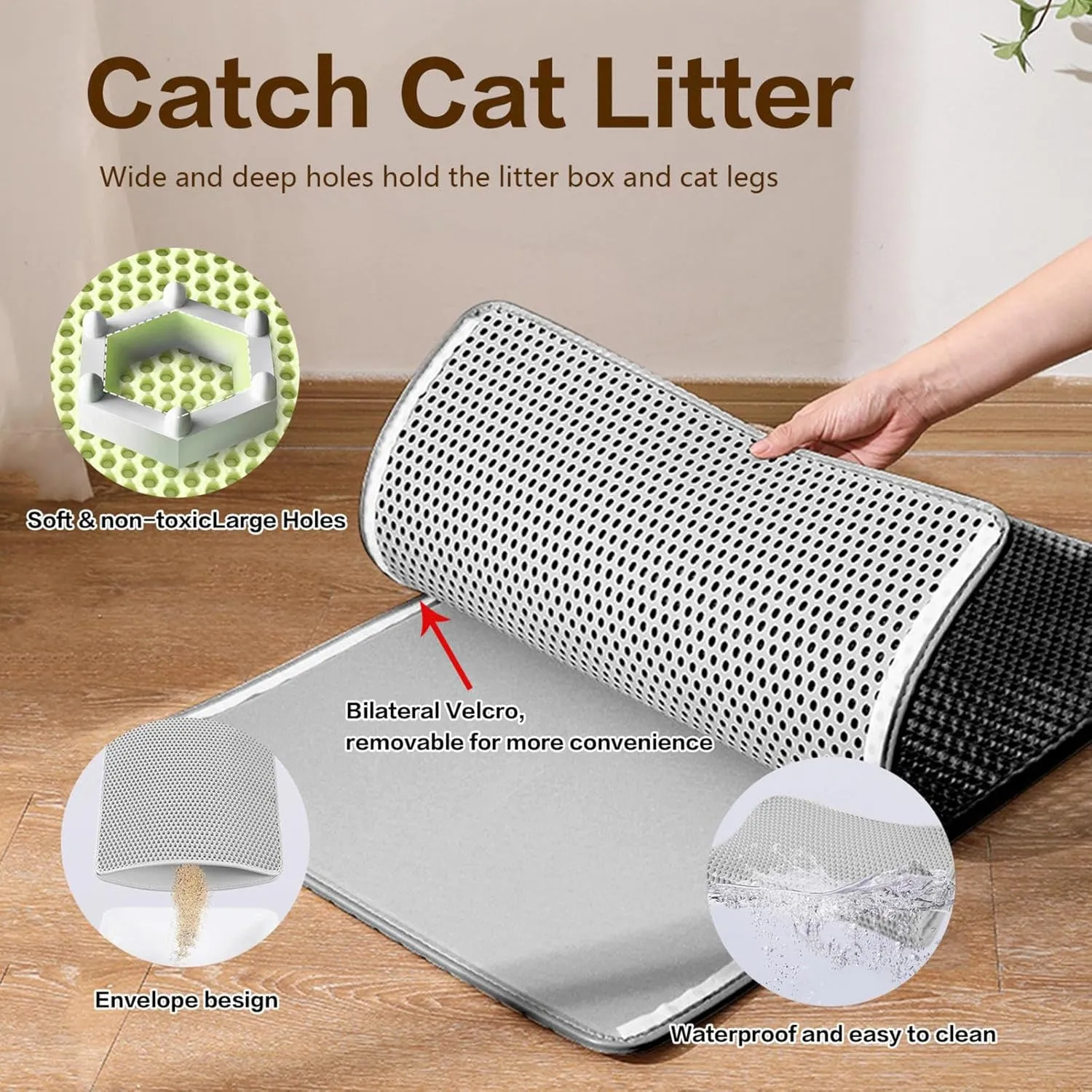 Cat Litter Mat, Honeycomb Double Layer Easy Clean Mat for Litter Box Less Waste,Soft On Paws,Non-Slip, Cat Litter Trap Mat,Gray-L