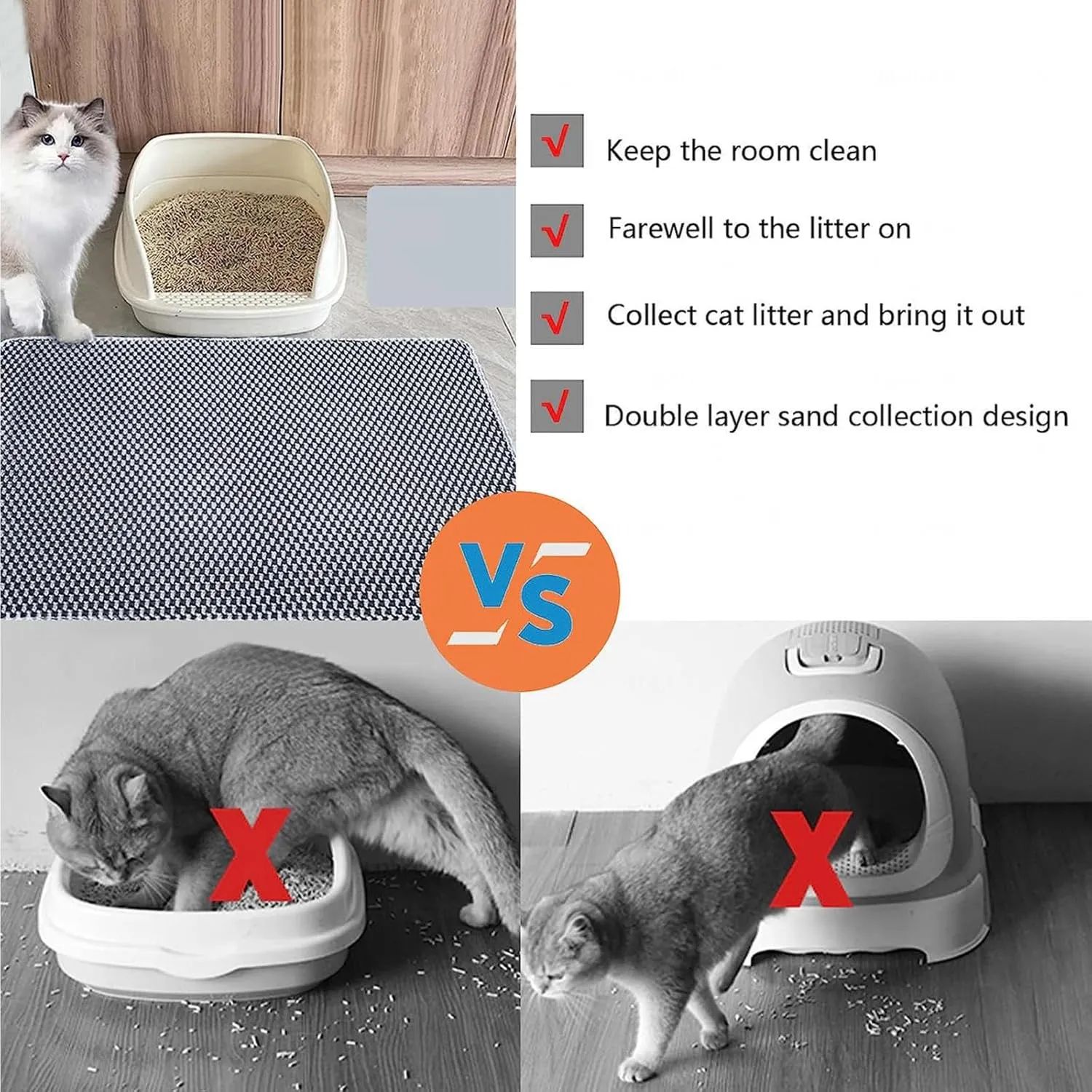 Cat Litter Mat, Honeycomb Double Layer Easy Clean Mat for Litter Box Less Waste,Soft On Paws,Non-Slip, Cat Litter Trap Mat,Gray-L