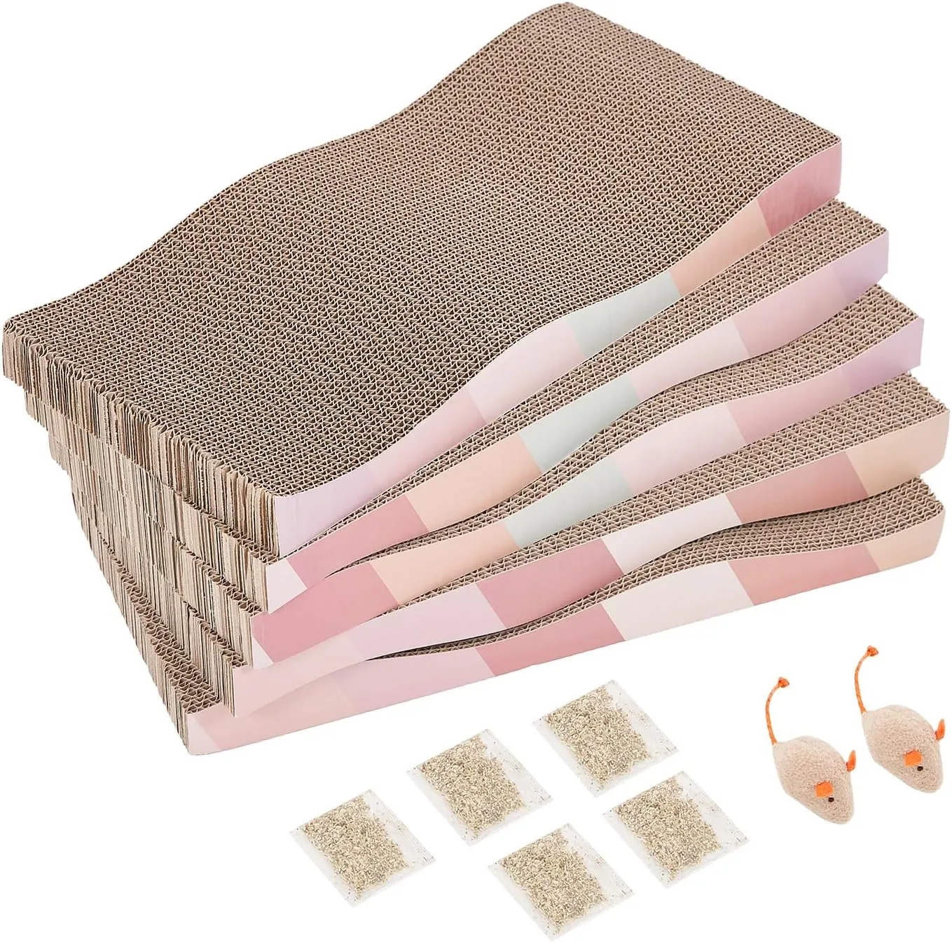 Cat Scratching Pads Cardboard Cat Scratchers for Indoor Cats Reversible Large Wide Corrugated with Catnip and Mini Toy(5pcs)