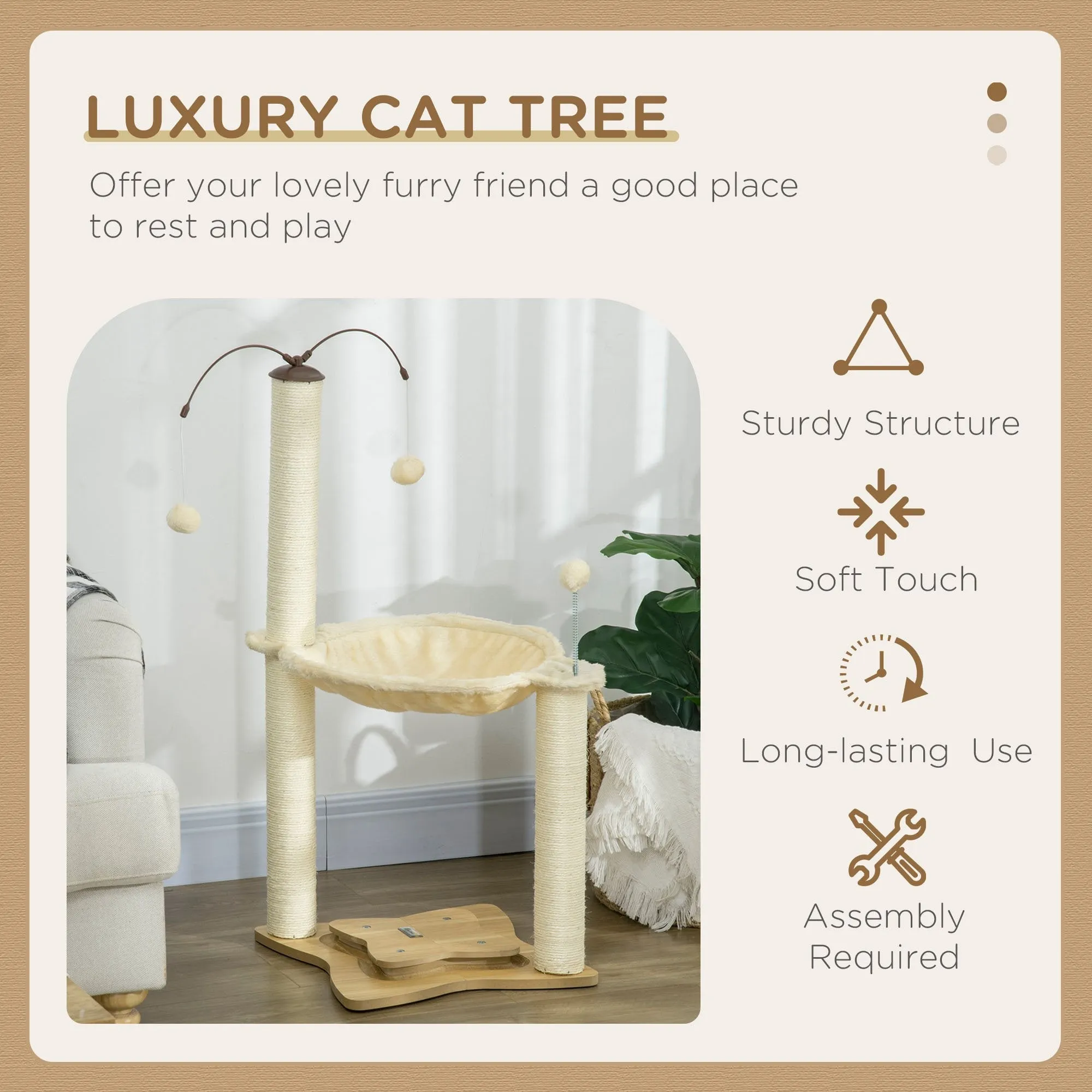 Cat Tree for Indoor Cats Kitten Play Tower with Sisal Scratching Posts Hammock Ball Toy Beige 53.5x53.5x90 cm