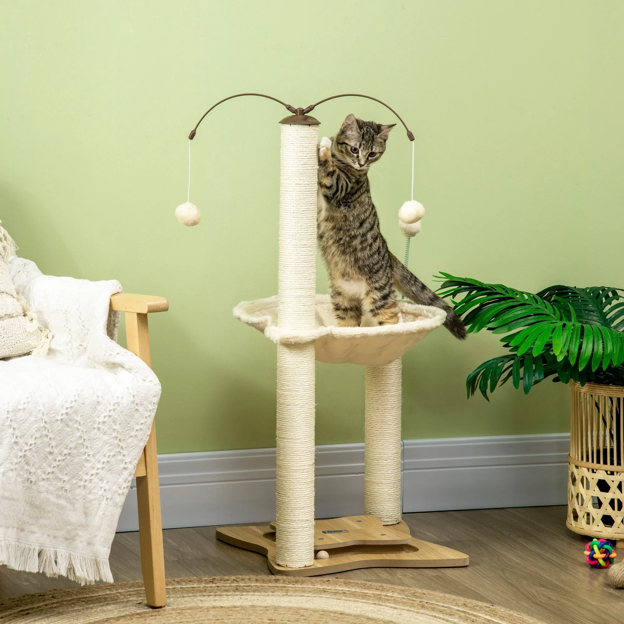 Cat Tree for Indoor Cats Kitten Play Tower with Sisal Scratching Posts Hammock Ball Toy Beige 53.5x53.5x90 cm