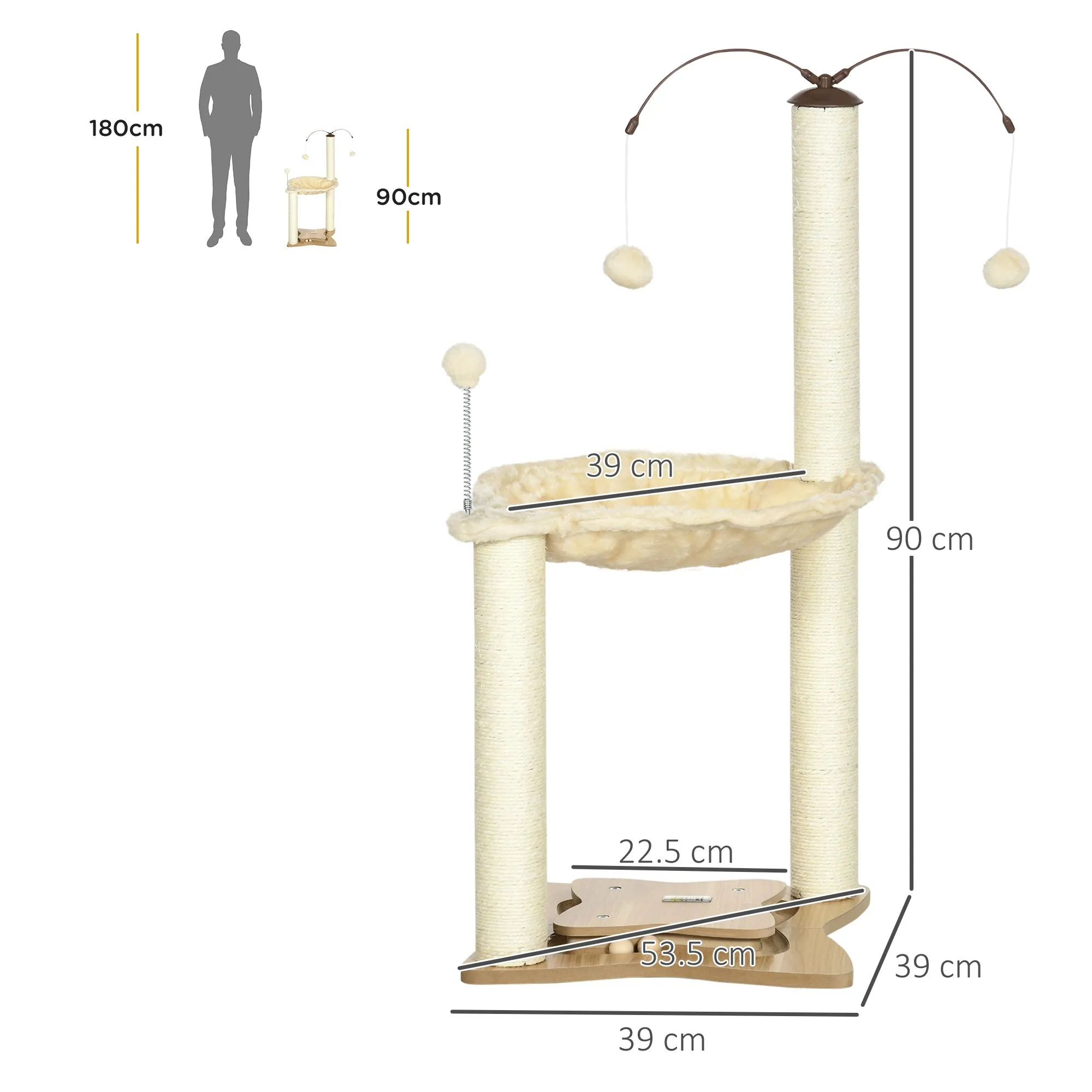 Cat Tree for Indoor Cats Kitten Play Tower with Sisal Scratching Posts Hammock Ball Toy Beige 53.5x53.5x90 cm