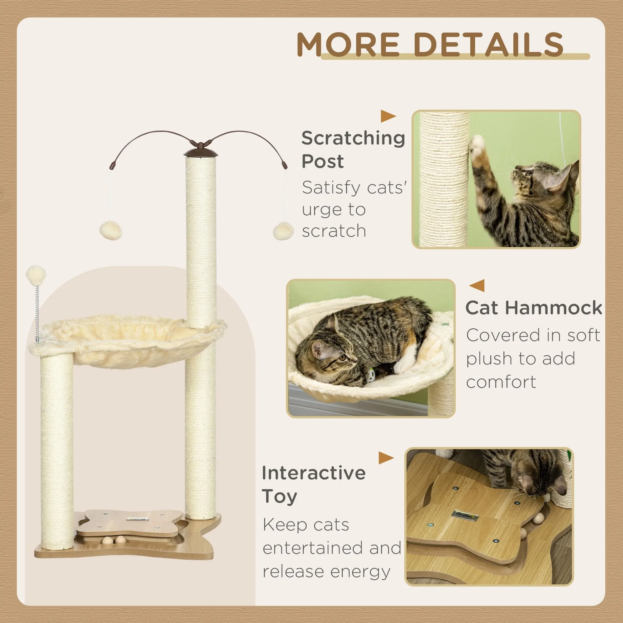 Cat Tree for Indoor Cats Kitten Play Tower with Sisal Scratching Posts Hammock Ball Toy Beige 53.5x53.5x90 cm