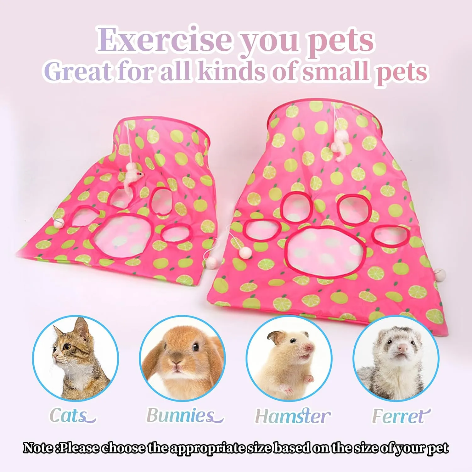 Cat Tunnel Bag - Kitty Collapsible Cave With Crinkle Sack, 1 Little Mouse & 3 Balls - Interactive Pet Toy - Rose Pink S