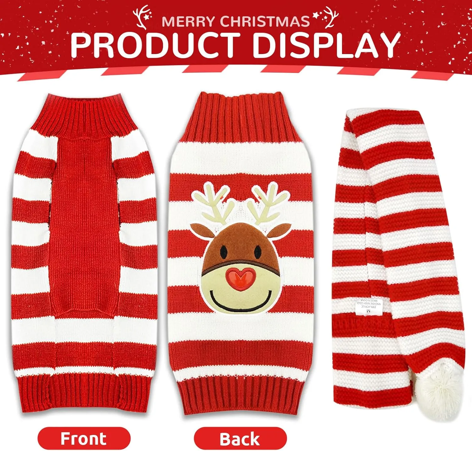 Christmas Dog Sweater and Scarf Set Cute Reindeer Ugly Xmas Puppy Cat Clothes Striped Pet Winter Outfit Soft Warm Knitwear Doggy Sweaters for Small Dogs Chihuahua Costume (Sweater Scarf,M)