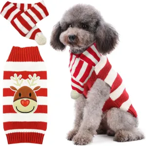 Christmas Dog Sweater and Scarf Set Cute Reindeer Ugly Xmas Puppy Cat Clothes Striped Pet Winter Outfit Soft Warm Knitwear Doggy Sweaters for Small Dogs Chihuahua Costume (Sweater Scarf,M)