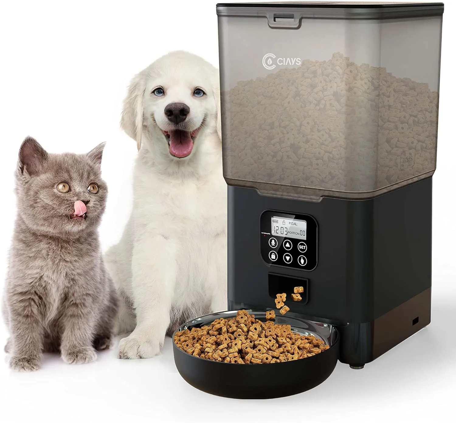 Ciays Automatic Cat Feeder, 5.6L, 4 Meals Per Day, Pet Dry Food Dispenser, Dual Power Supply & Voice Recorder, Black