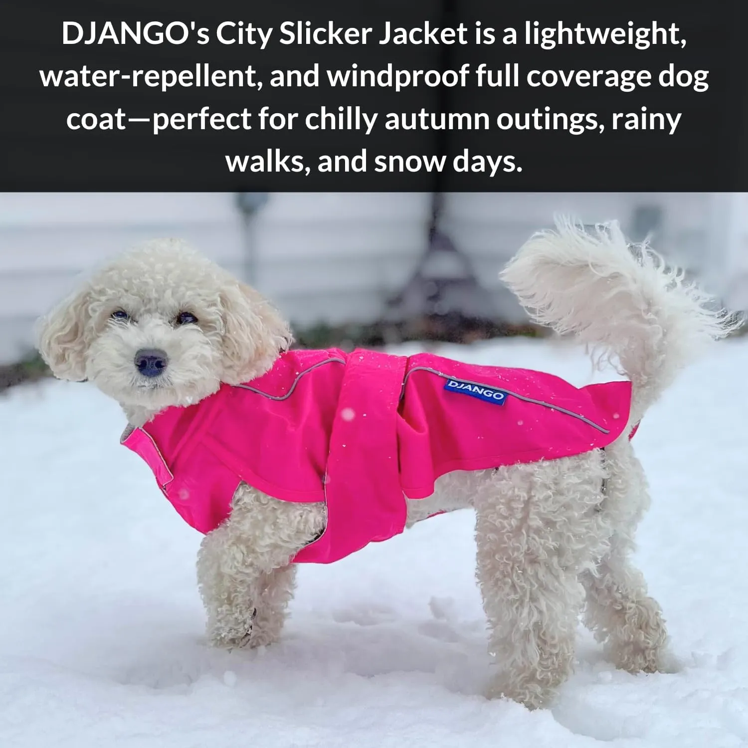 DJANGO City Slicker Waterproof Dog Raincoat and Lightweight Jacket for Long Dogs - Full Coverage Puppy Coat and Reflective Rain Slicker and Windbreaker - Adjustable with Harness Hole (Pink, Small)