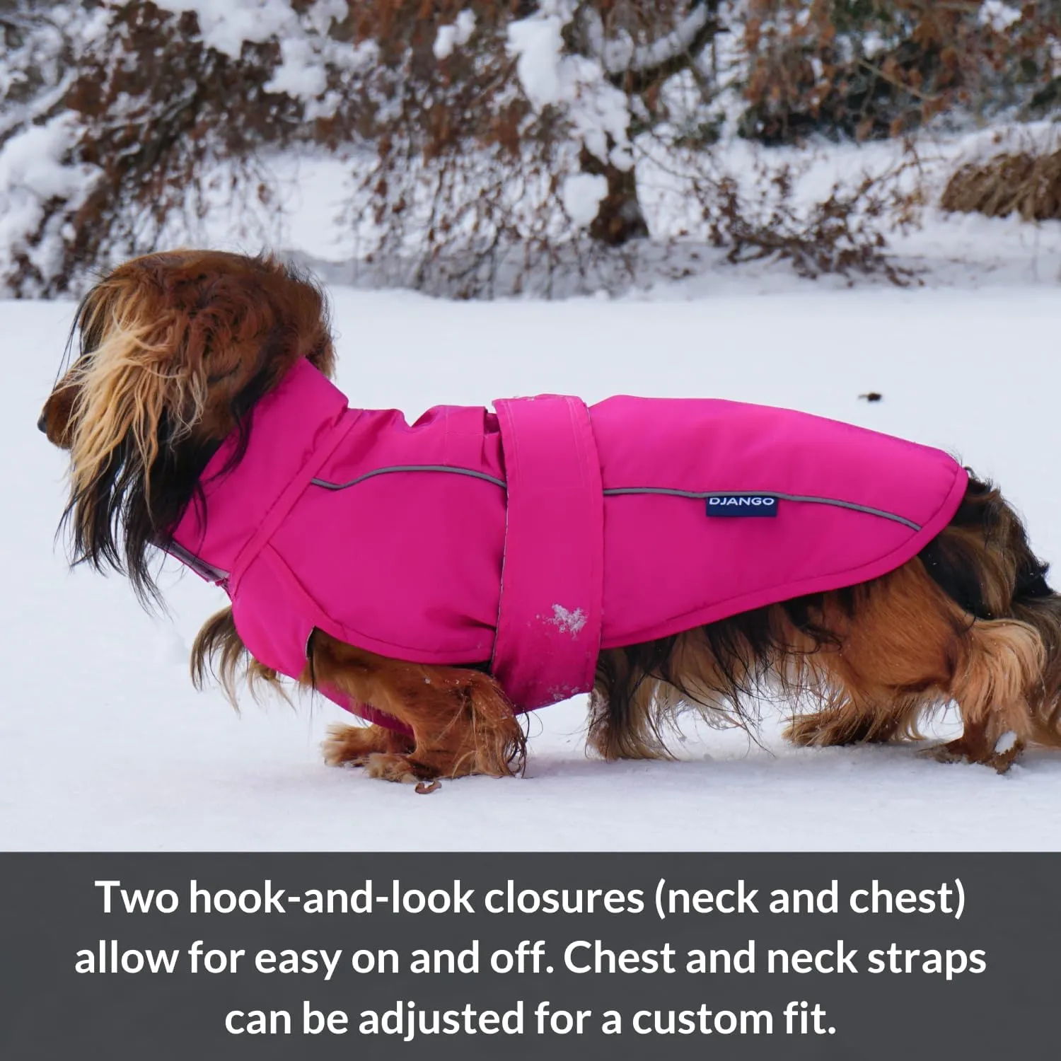 DJANGO City Slicker Waterproof Dog Raincoat and Lightweight Jacket for Long Dogs - Full Coverage Puppy Coat and Reflective Rain Slicker and Windbreaker - Adjustable with Harness Hole (Pink, Small)