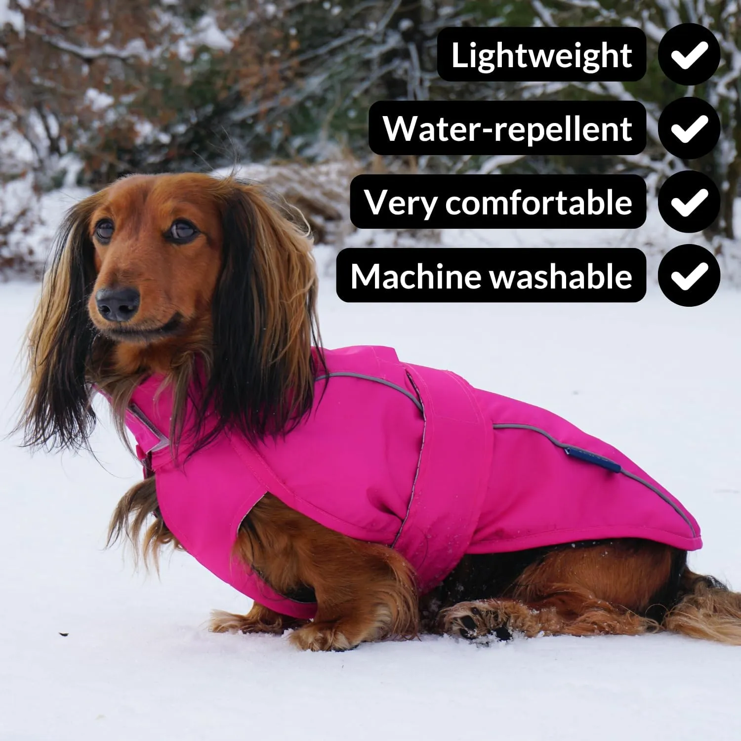DJANGO City Slicker Waterproof Dog Raincoat and Lightweight Jacket for Long Dogs - Full Coverage Puppy Coat and Reflective Rain Slicker and Windbreaker - Adjustable with Harness Hole (Pink, Small)