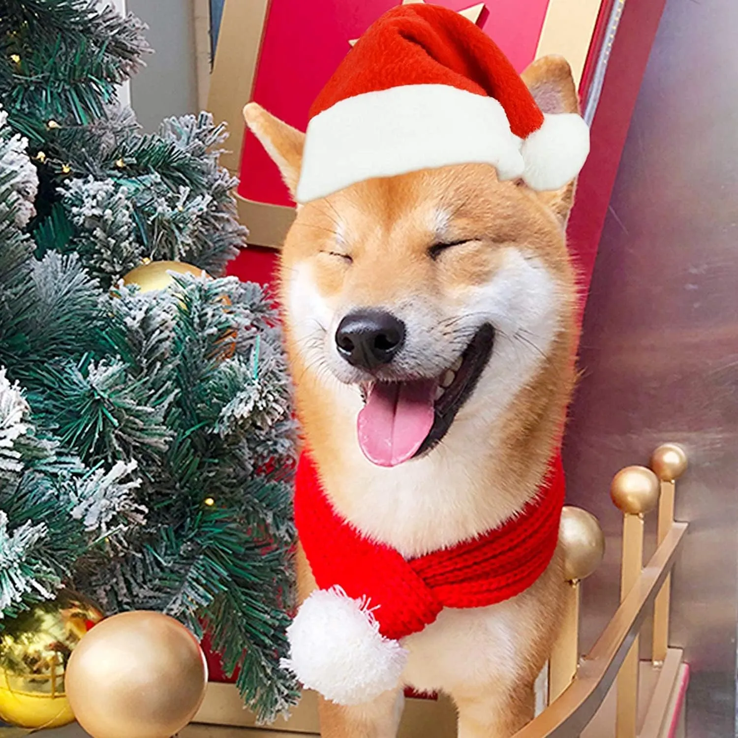Dog Cat Knitted Christmas Scarf Neck Warmer with Santa Hat Set Xmas Pet Puppy Costume (Large, Red)