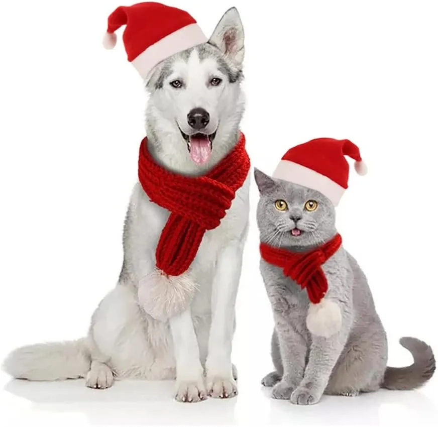 Dog Cat Knitted Christmas Scarf Neck Warmer with Santa Hat Set Xmas Pet Puppy Costume (Large, Red)