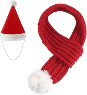 Dog Cat Knitted Christmas Scarf Neck Warmer with Santa Hat Set Xmas Pet Puppy Costume (Large, Red)