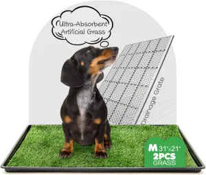 Dog Grass Pad with Tray, 3121in Medium Litter Box, 2Grass Pad for Dogs Potty Washable, Thick Soft Odor-Free Hemmed Dog Pee Grass, Indoor Potty Training Balcony