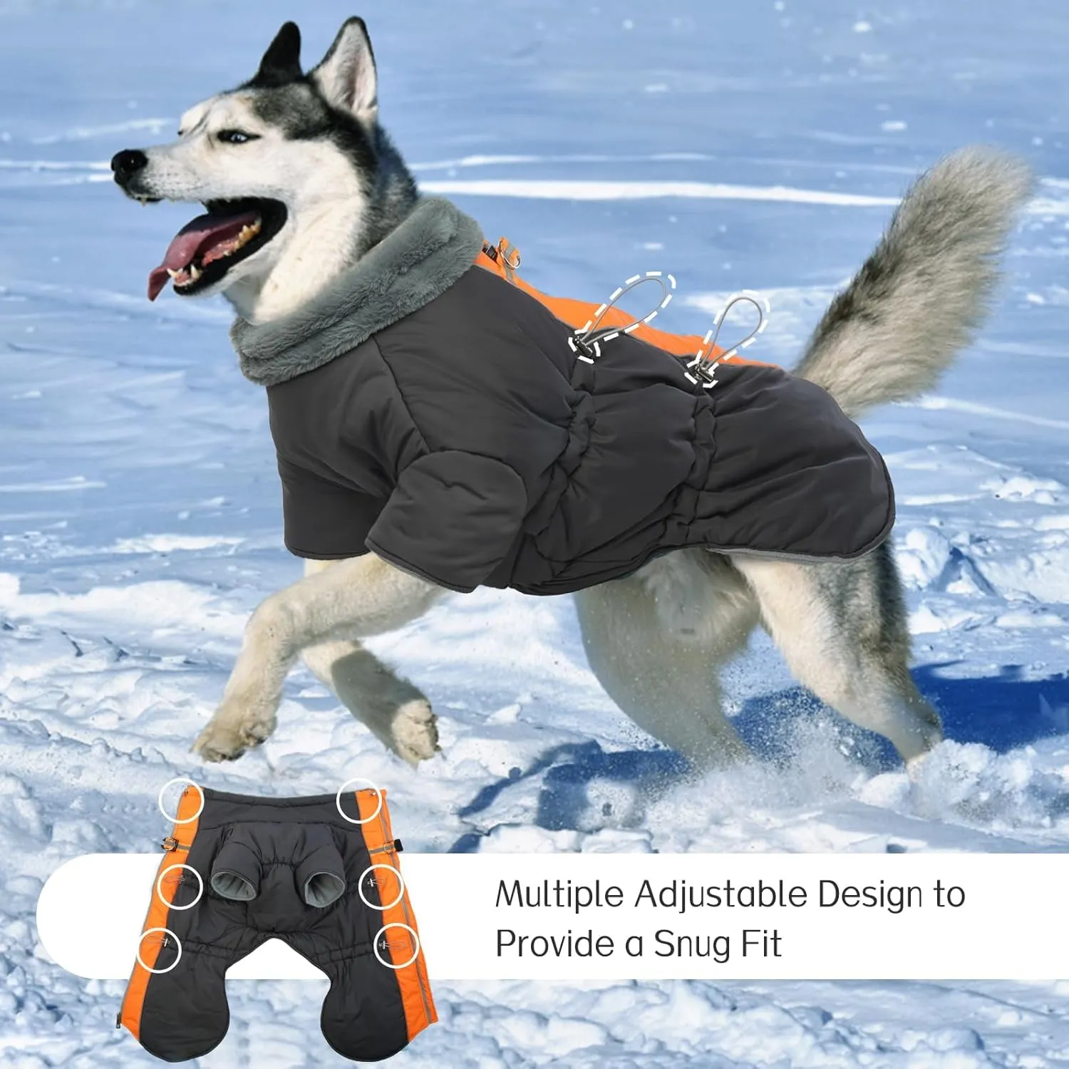 Dog Jacket, Winter Waterproof Dog Coat with Fleece Lining, Reflective, Zip Up, High Collar Snowsuit, Grey XS