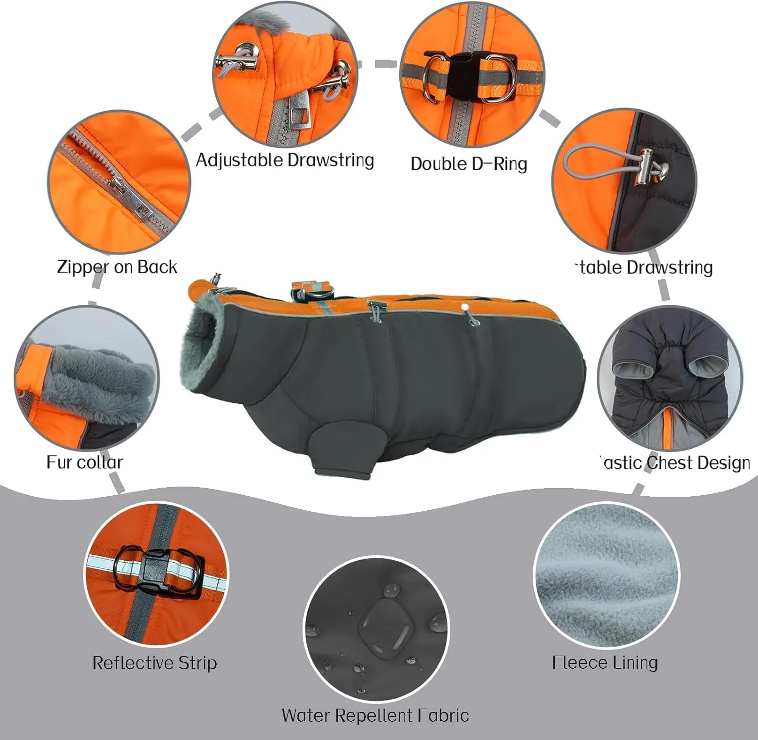 Dog Jacket, Winter Waterproof Dog Coat with Fleece Lining, Reflective, Zip Up, High Collar Snowsuit, Grey XS