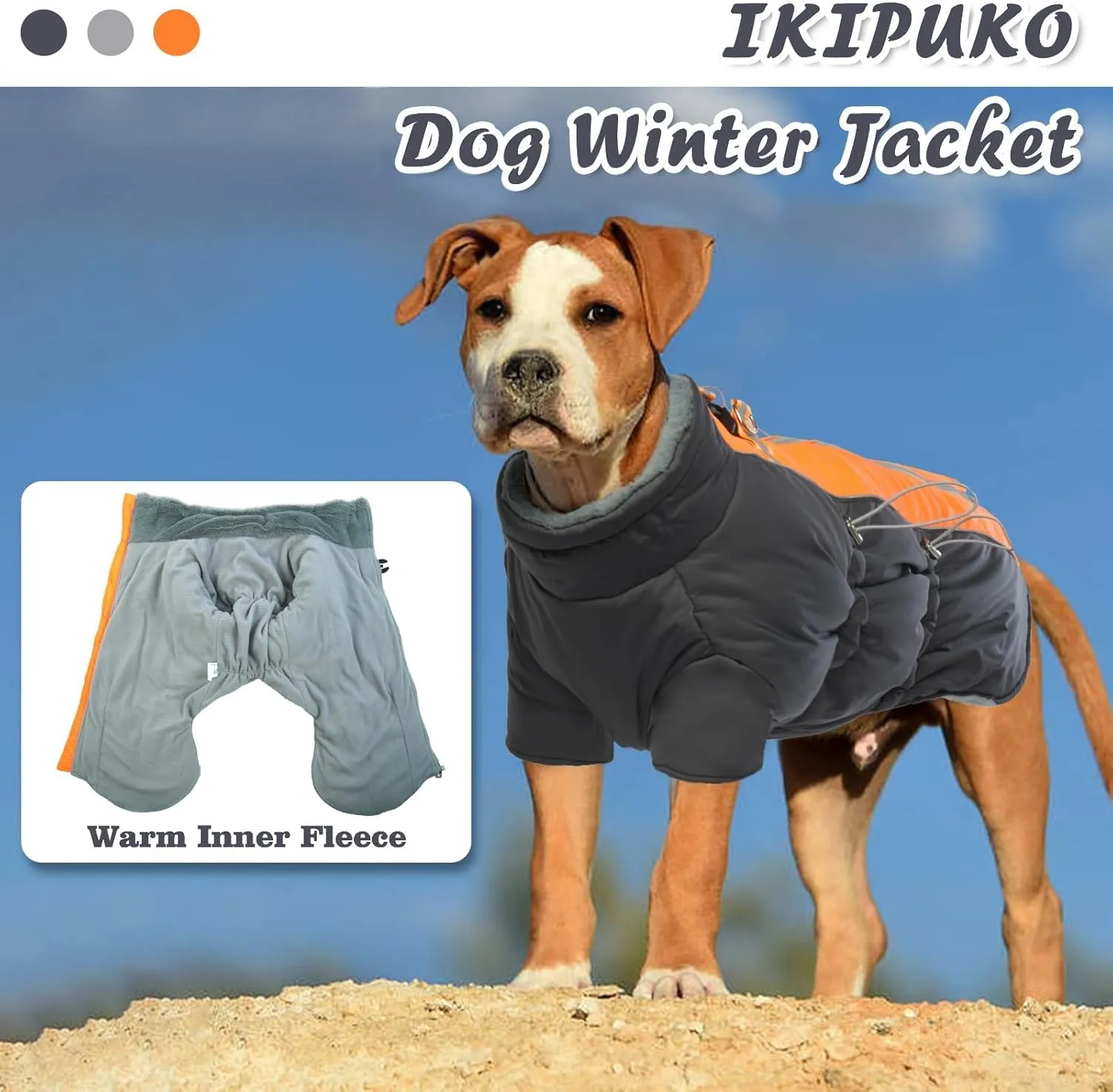 Dog Jacket, Winter Waterproof Dog Coat with Fleece Lining, Reflective, Zip Up, High Collar Snowsuit, Grey XS