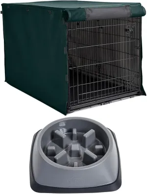 Gorilla Grip Dog Crate Cover, Hunter Green 24 Inch and Slow Feeder Bowl, 2 Cup Gray, 2 Item Bundle