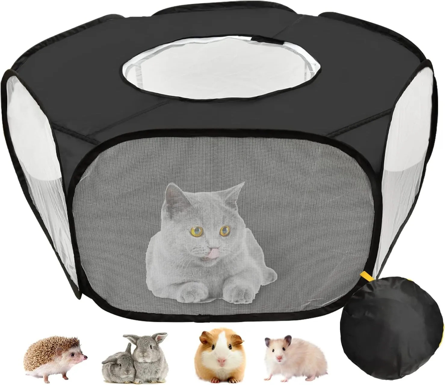 Guinea Pig Playpen, Waterproof Small Animals Playpen with Anti Escape Cover Portable Cat Playpen Breathable Indoor/Outdoor Yard Exercise Cage Tent for Hamster Puppy Chinchillas Rabbits(Black)