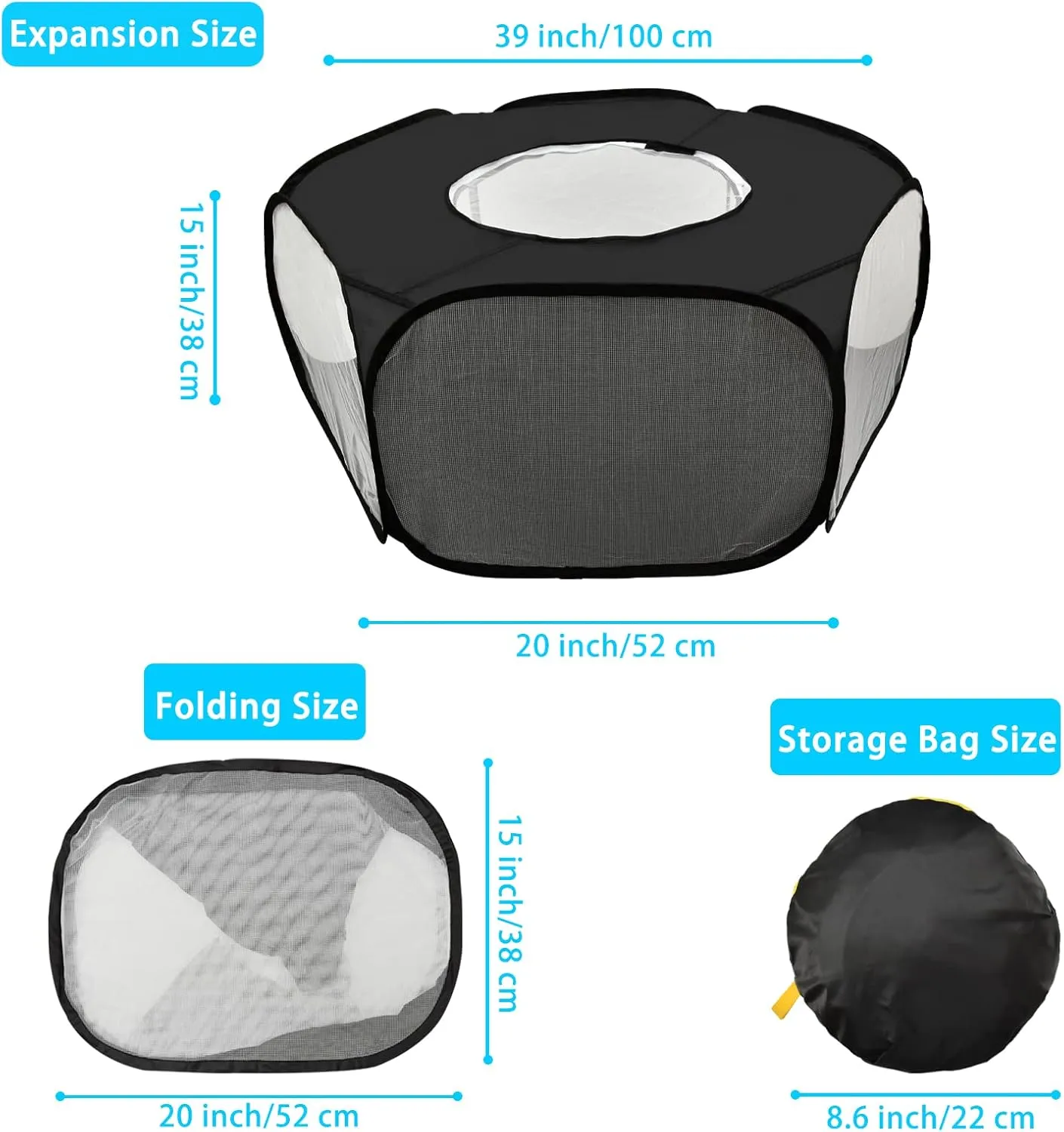 Guinea Pig Playpen, Waterproof Small Animals Playpen with Anti Escape Cover Portable Cat Playpen Breathable Indoor/Outdoor Yard Exercise Cage Tent for Hamster Puppy Chinchillas Rabbits(Black)