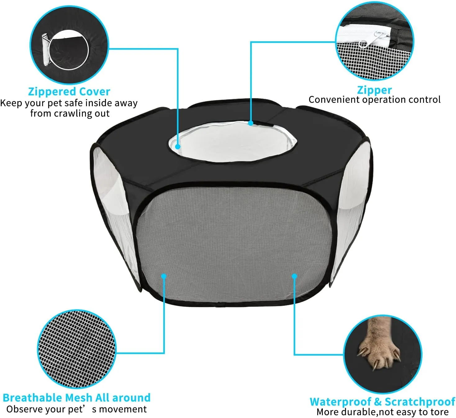 Guinea Pig Playpen, Waterproof Small Animals Playpen with Anti Escape Cover Portable Cat Playpen Breathable Indoor/Outdoor Yard Exercise Cage Tent for Hamster Puppy Chinchillas Rabbits(Black)