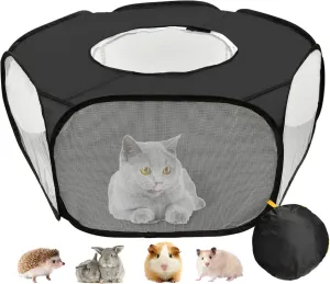 Guinea Pig Playpen, Waterproof Small Animals Playpen with Anti Escape Cover Portable Cat Playpen Breathable Indoor/Outdoor Yard Exercise Cage Tent for Hamster Puppy Chinchillas Rabbits(Black)