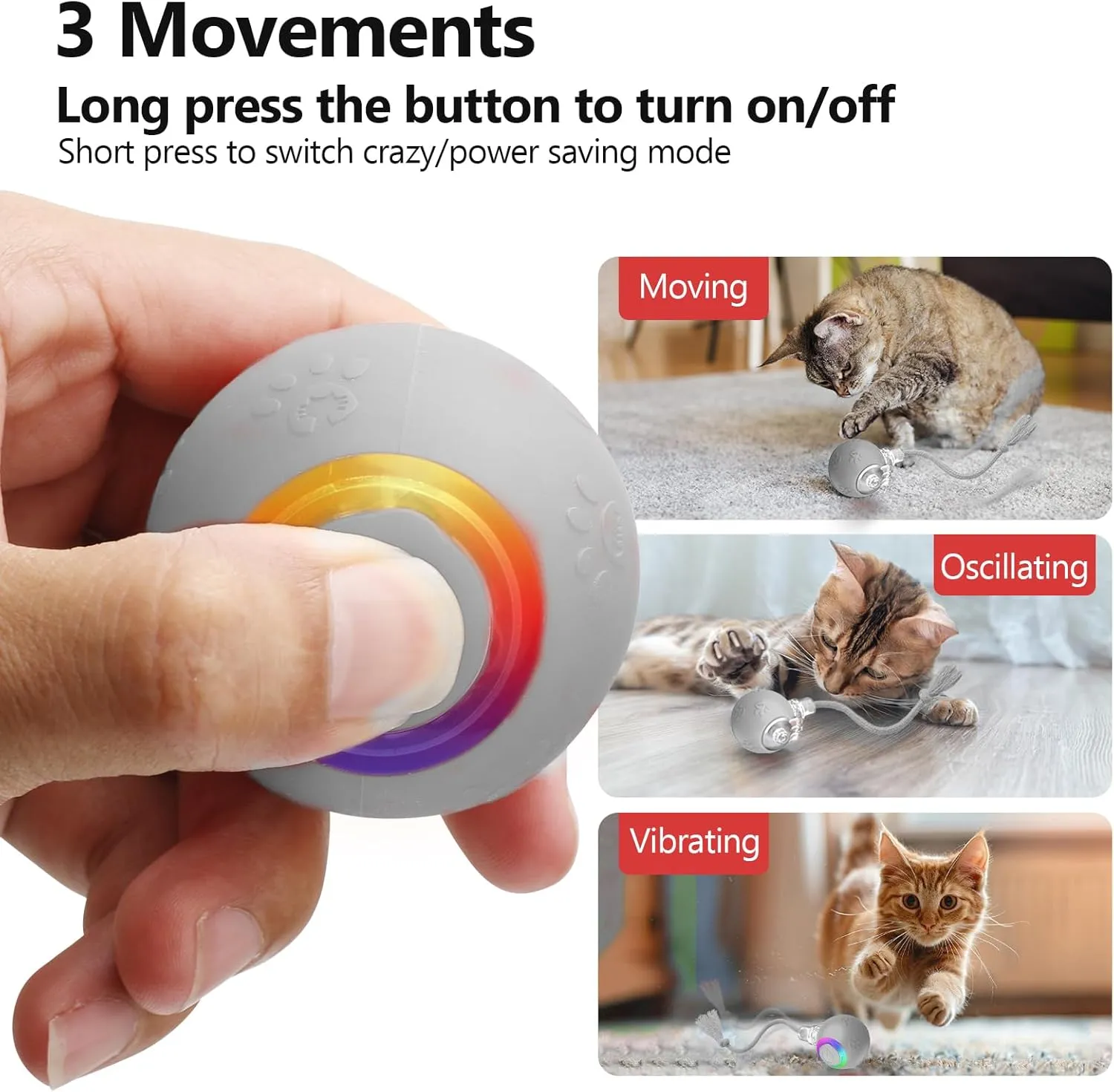 Interactive Cat Toys for Indoor Cats, USB Rechargeable, Fast Rolling Dog Ball Toy On Rug, Bird Chirping & Motion Activated Cat Ball, Anti-Depression Pet Toy Fun Gift with Light, Gray