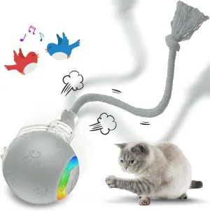Interactive Cat Toys for Indoor Cats, USB Rechargeable, Fast Rolling Dog Ball Toy On Rug, Bird Chirping & Motion Activated Cat Ball, Anti-Depression Pet Toy Fun Gift with Light, Gray