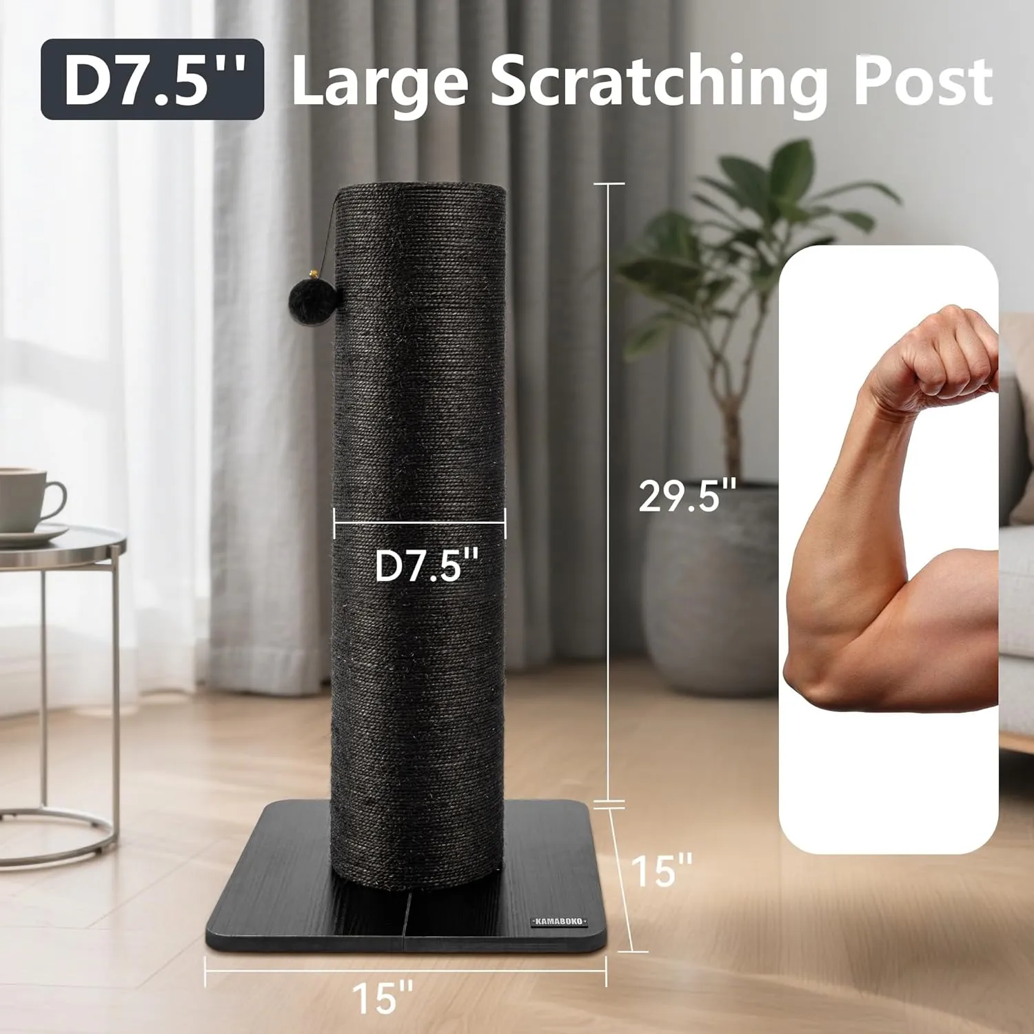 KAMABOKO 29.5" Cat Scratching Post for Large Cats, 7.5" Ultra-Large Diameter Natural Sisal Cat Scratch Post, Scratch-Resistant Tall Cat Scratcher for Indoor Cats, Protect Your Furniture, Black