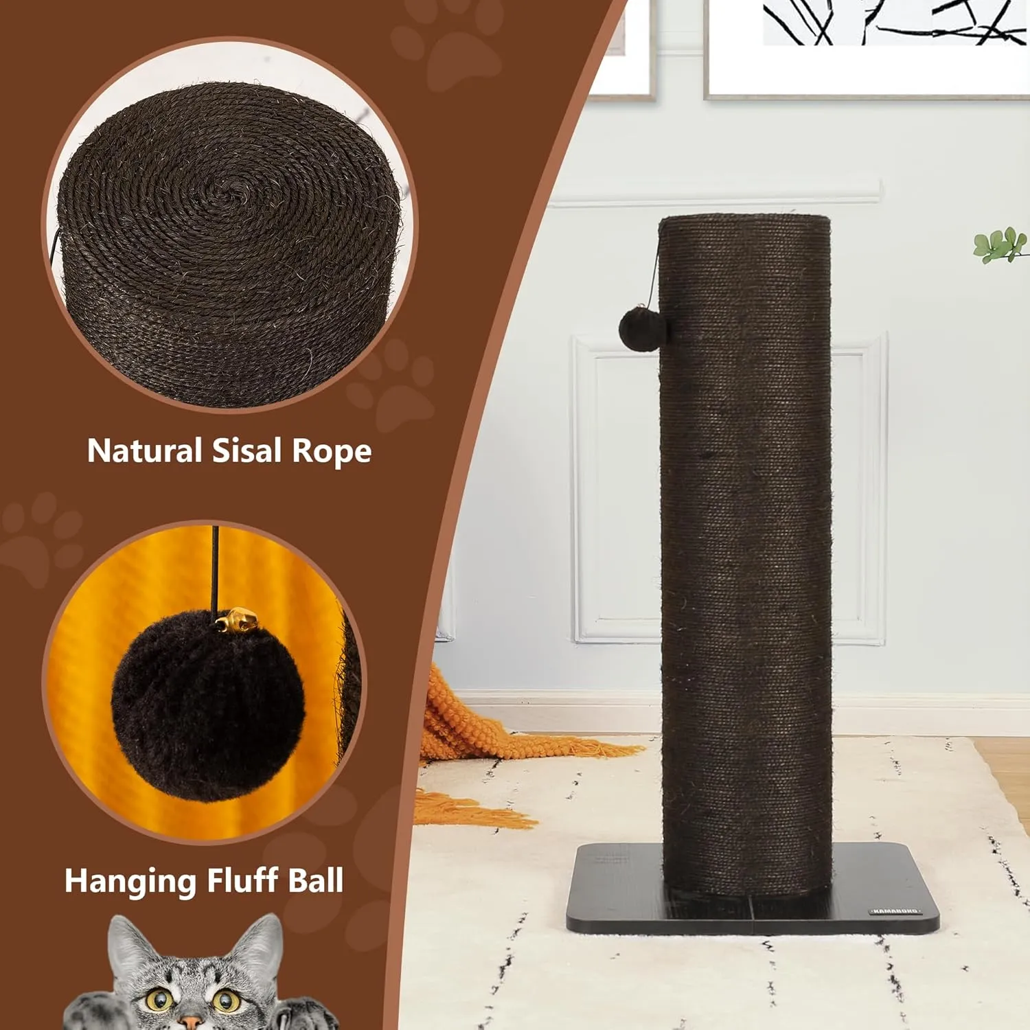 KAMABOKO 29.5" Cat Scratching Post for Large Cats, 7.5" Ultra-Large Diameter Natural Sisal Cat Scratch Post, Scratch-Resistant Tall Cat Scratcher for Indoor Cats, Protect Your Furniture, Black
