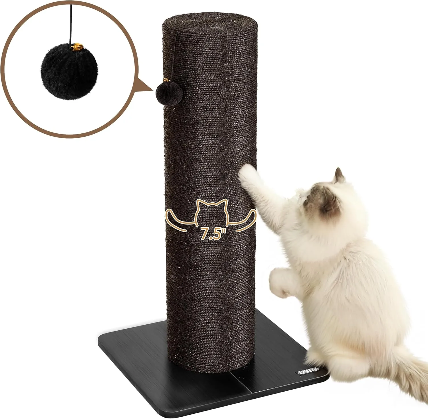 KAMABOKO 29.5" Cat Scratching Post for Large Cats, 7.5" Ultra-Large Diameter Natural Sisal Cat Scratch Post, Scratch-Resistant Tall Cat Scratcher for Indoor Cats, Protect Your Furniture, Black
